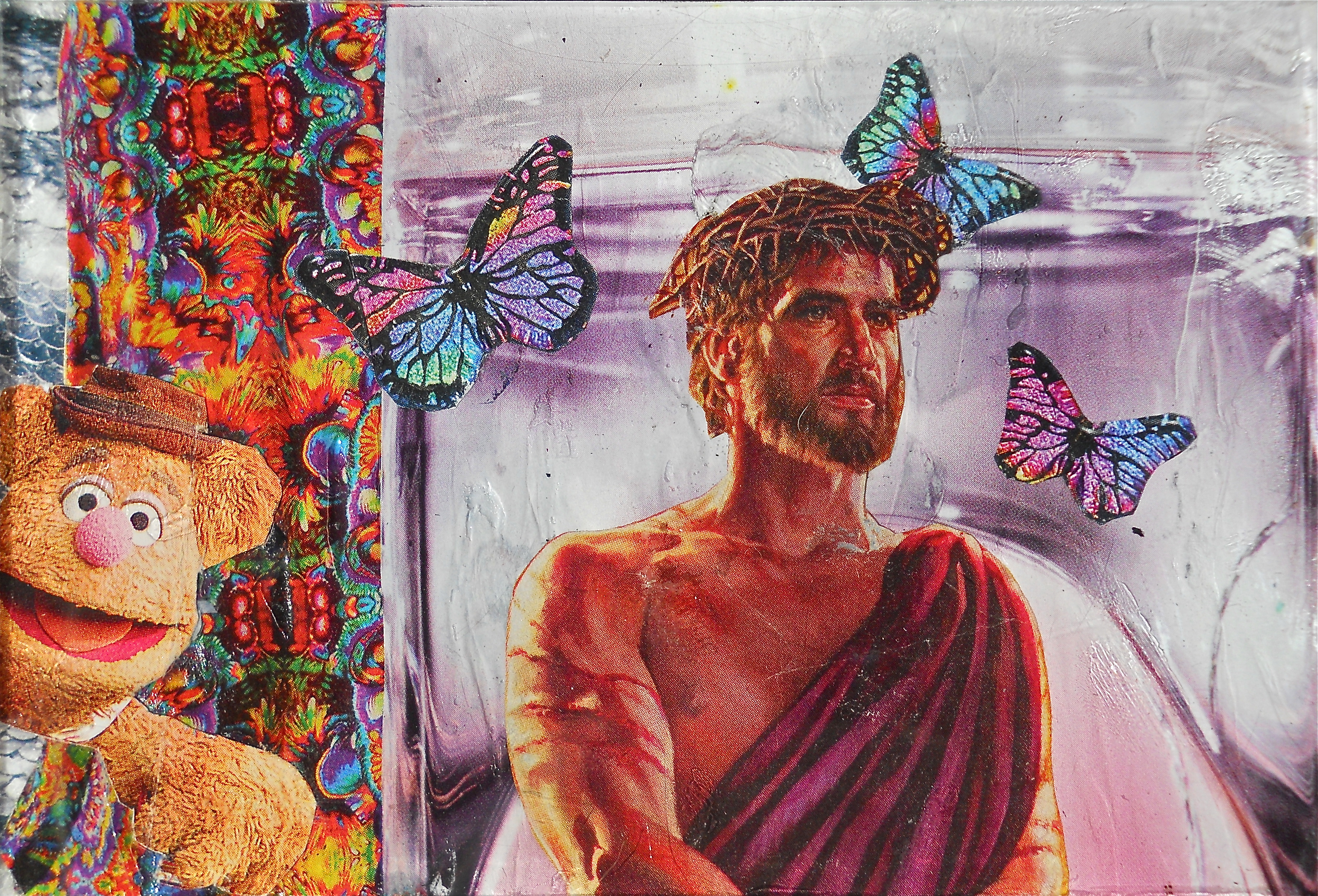 JESUS AND THE BUTTERFLIES  2012, 3 x 5 inches, collage on plexiglas