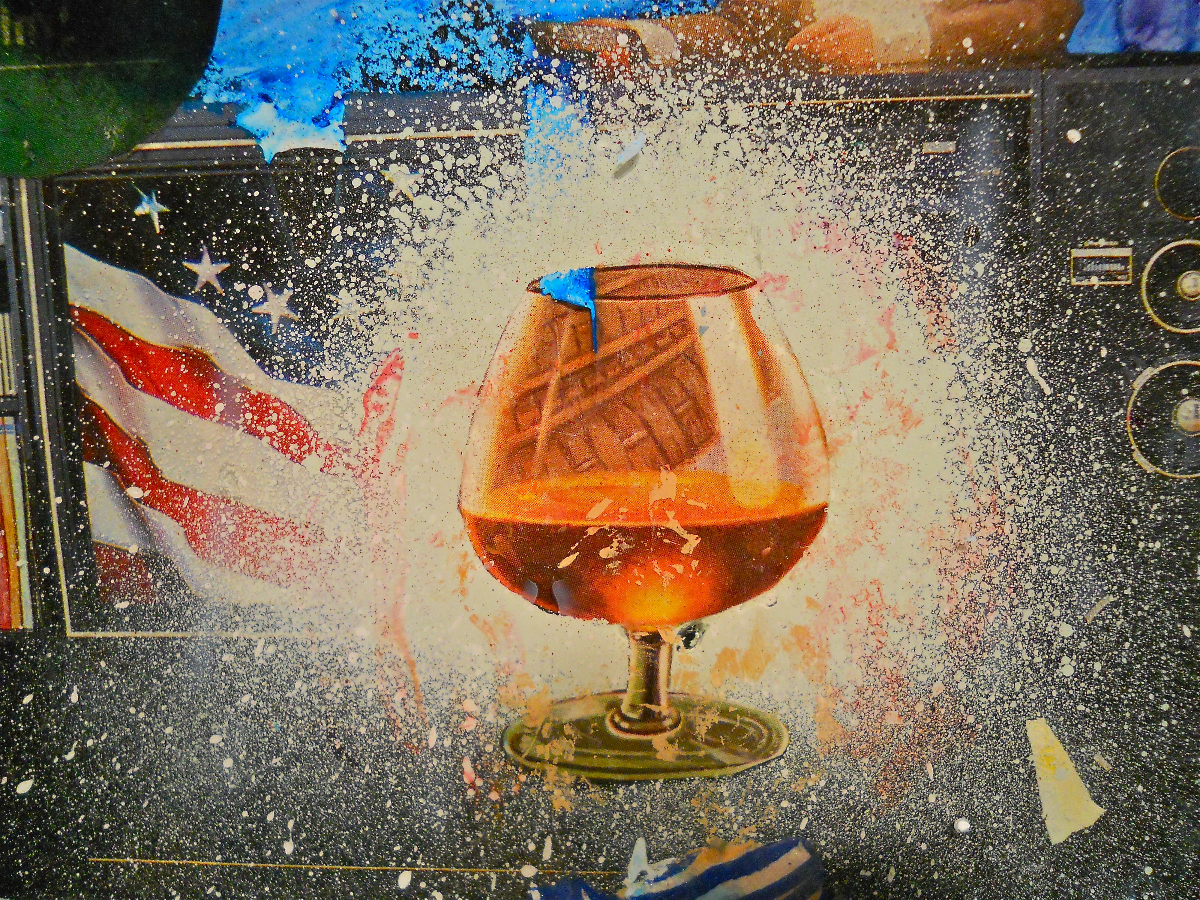 "Drink the Past" (detail) 2013 Collage-painting on Plexiglas, for sale; $100
