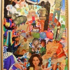"Cheers"  2013, Collage-painting on Plexiglass mounted in wood frame, for sale; $400