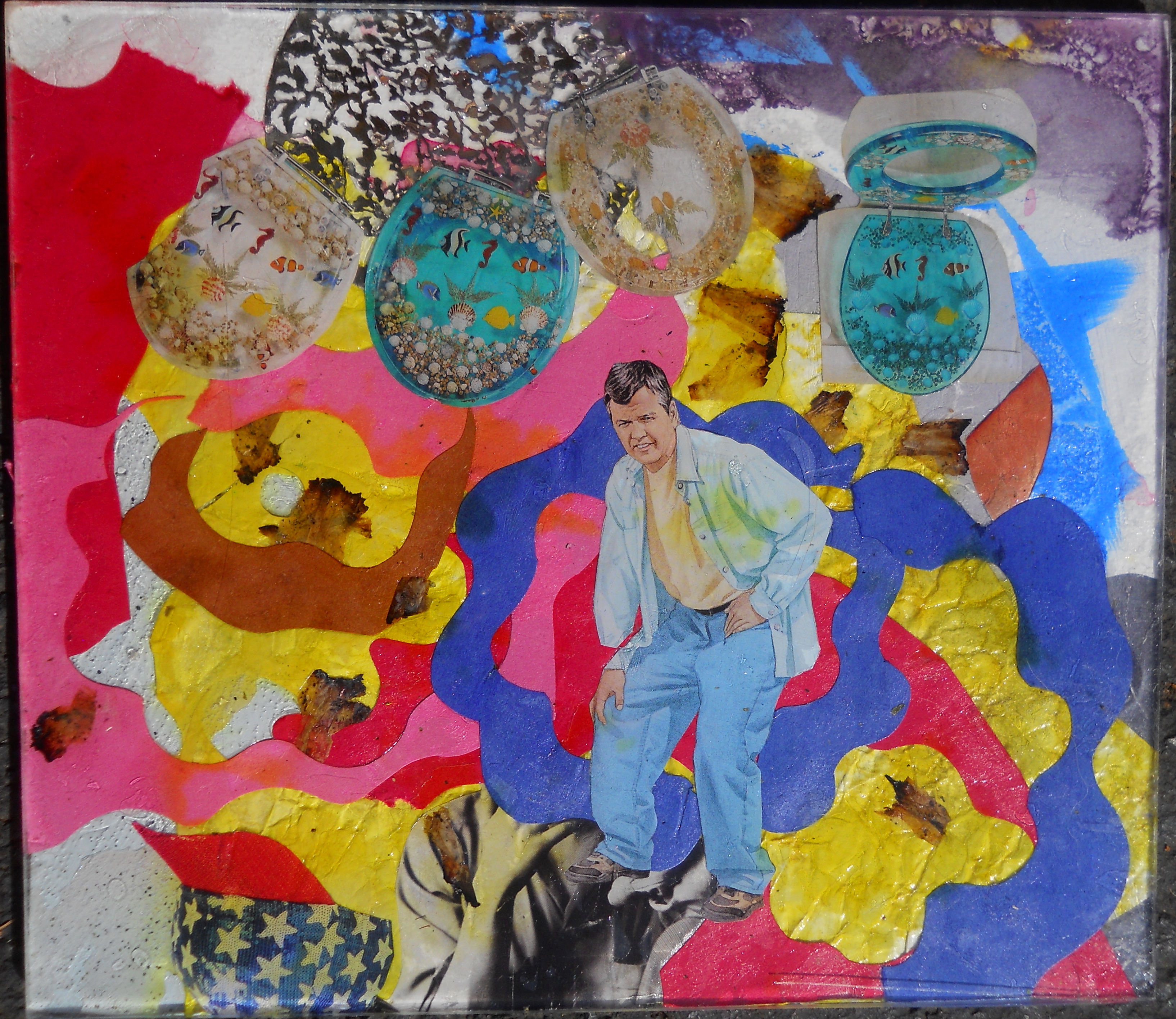 "Mary Pain Relief in the USA"  April 2013, collaboration with Cody Brant, collage and paint on plexiglas, 7x9 inches